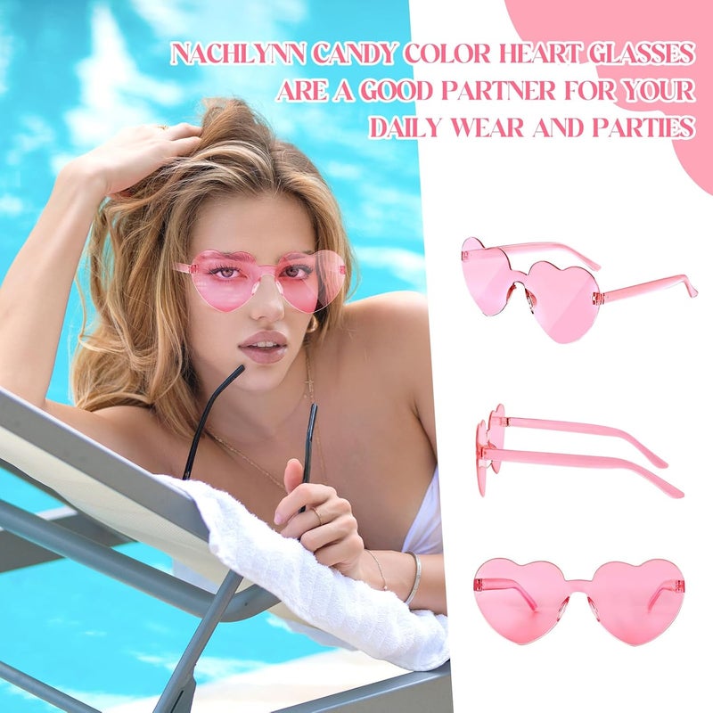 NACHLYNN 10 أزواج من نظارات الشمس على شكل قلب للنساء بدون إطار نظارات قلبية ملونة للحفلات وكوسبلاي (وردي) - Image 3